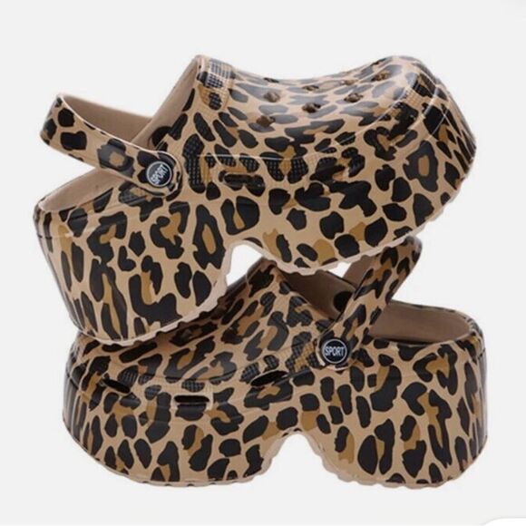 CROCS Shoes - CROCS Leopard Print Platform Clog Mules - Tan & Black